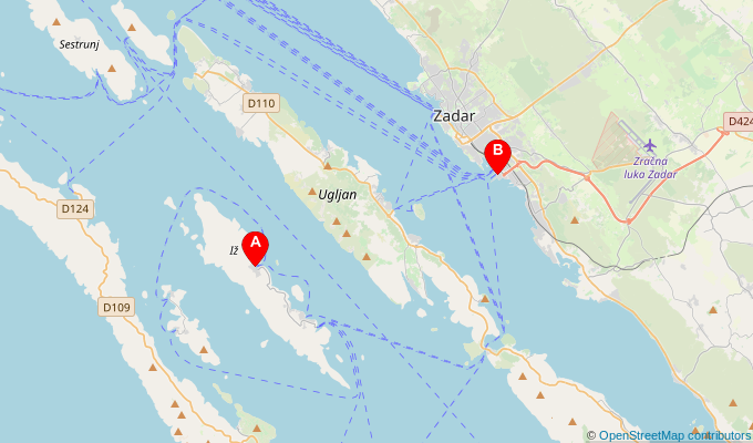 Map of ferry route between Veli Iz and Zadar